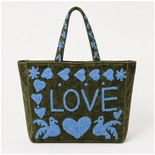 HS Velvet Tas Love Peace Olijfgroen - vooraanzicht met LOVE