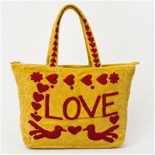 HS Velvet Tas Love Peace Geel - vooraanzicht met LOVE