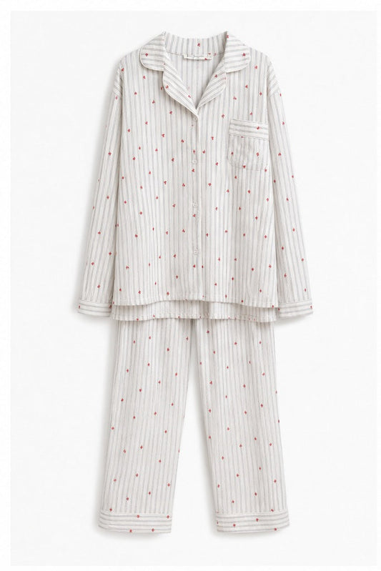 HS LC Pyjamaset Bloemetjes - Meerdere Kleuren - Creme met Rode Bloemetjes S