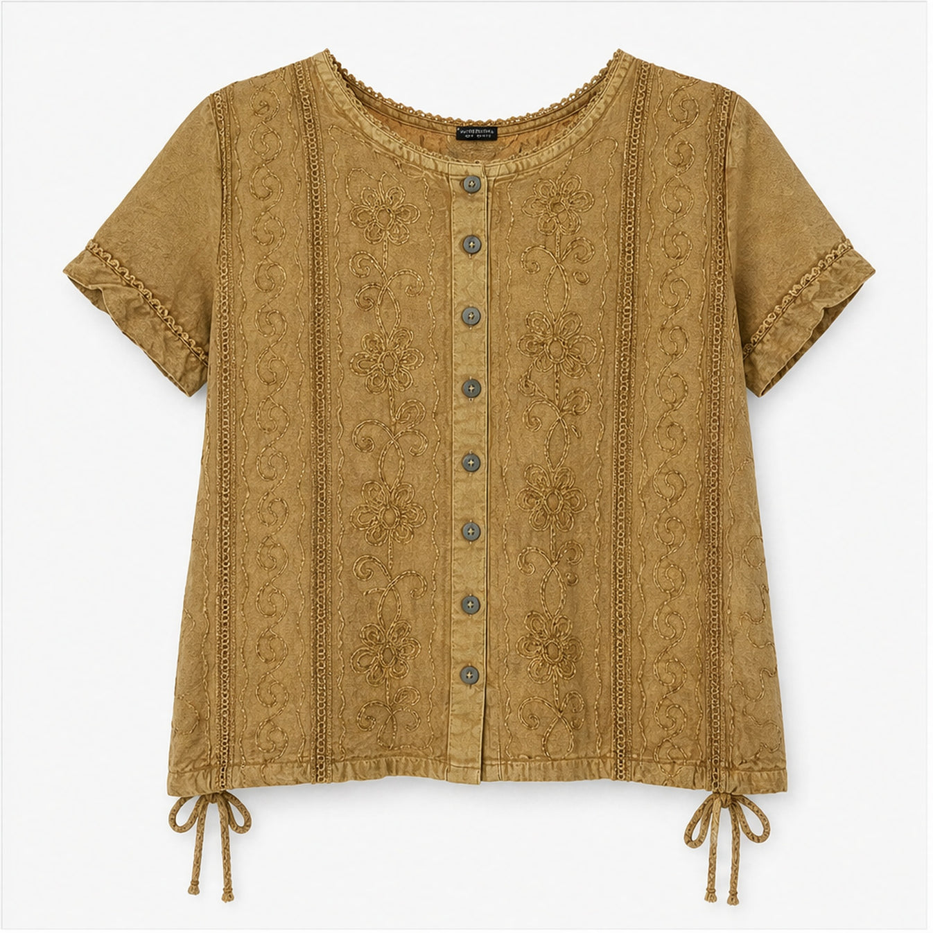 HS Topje Boho met Knoopjes en Borduur - Meerdere Kleuren - Oker - vooraanzicht
