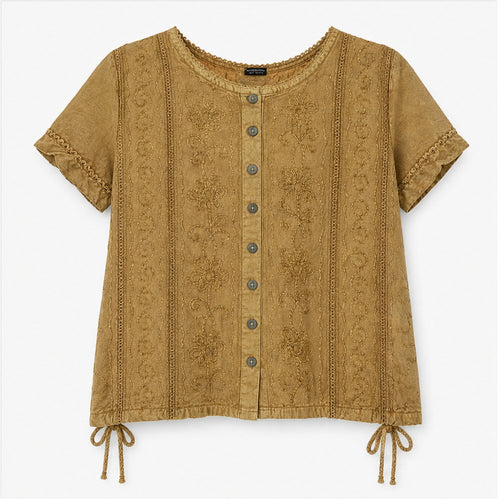 HS Topje Boho met Knoopjes en Borduur - Meerdere Kleuren - Oker - vooraanzicht
