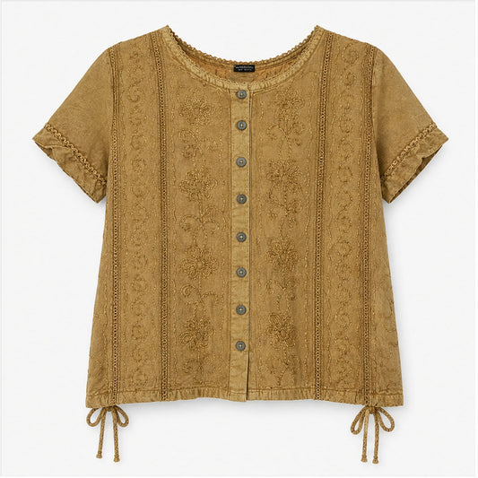 HS Topje Boho met Knoopjes en Borduur - Meerdere Kleuren - Oker - vooraanzicht