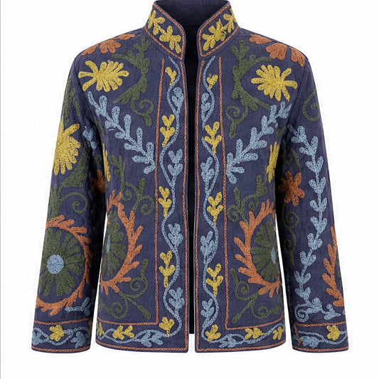 HS Luchtige Katoenen Damesjas Retro Bloemenprint - Antraciet Bloemenprint - vooraanzicht