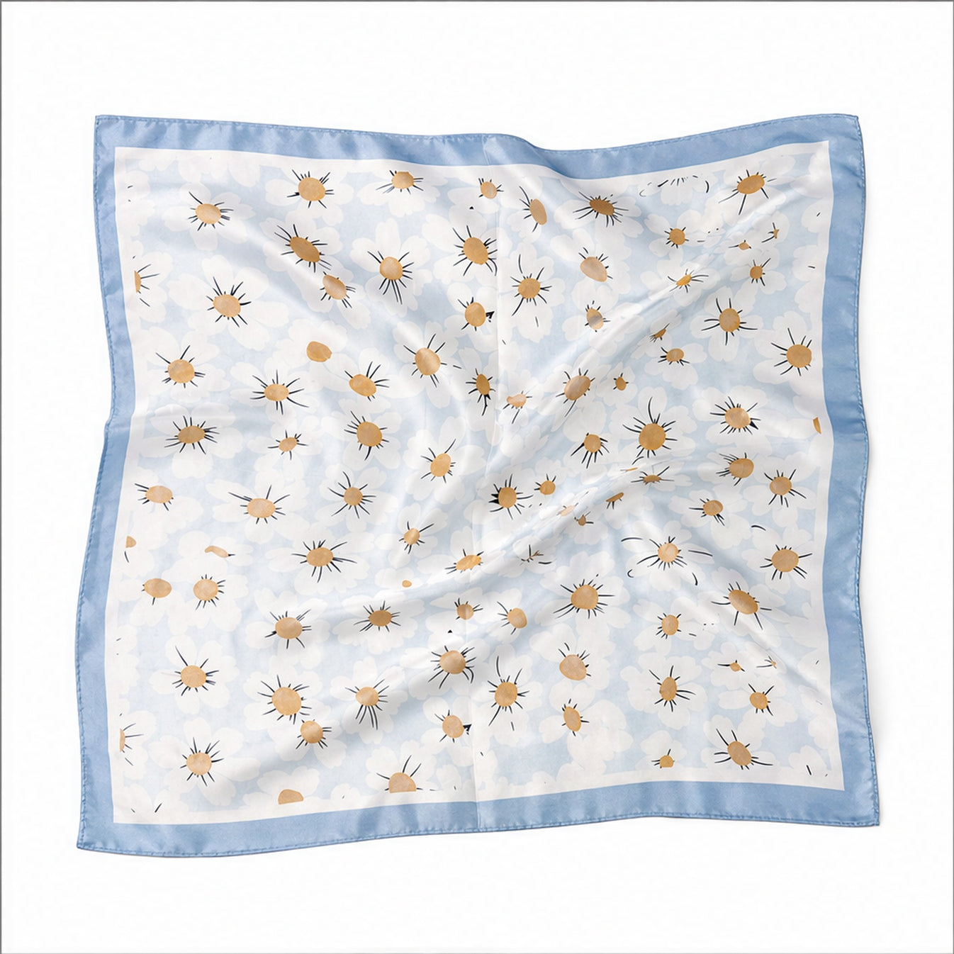 HS 70x70 Satijnen Look Sjaal Madeliefprint - Meerdere Kleuren - Lichtblauw Gouden Bloemen - vooraanzicht