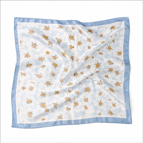 HS 70x70 Satijnen Look Sjaal Madeliefprint - Meerdere Kleuren - Lichtblauw Gouden Bloemen - vooraanzicht