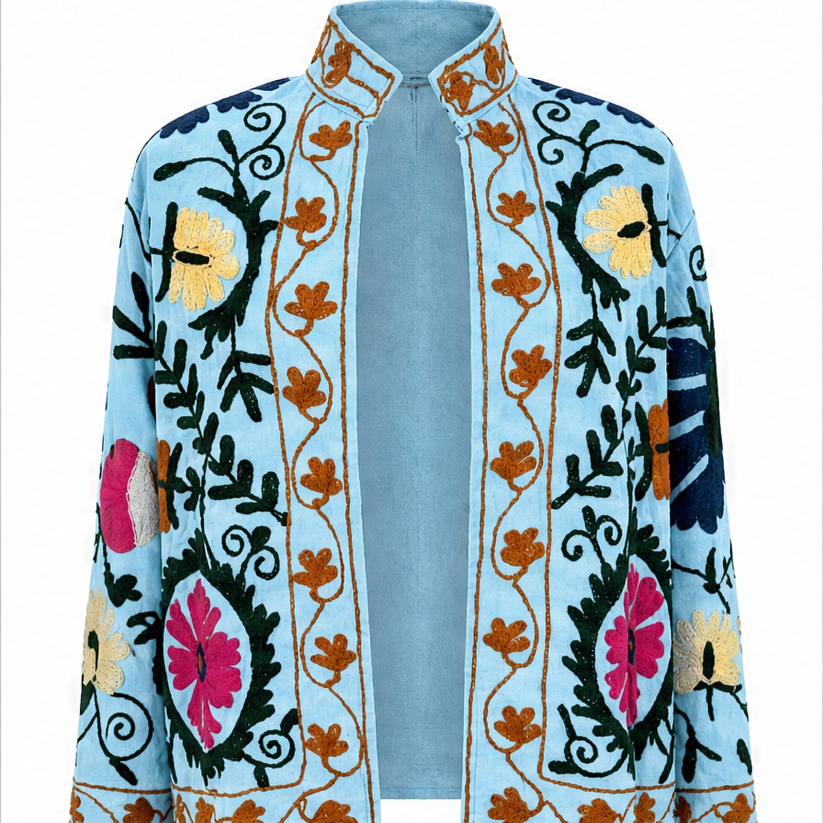 HS Luchtige Katoenen Damesjas Folklore Print - Lichtblauw Bohemian Print - vooraanzicht