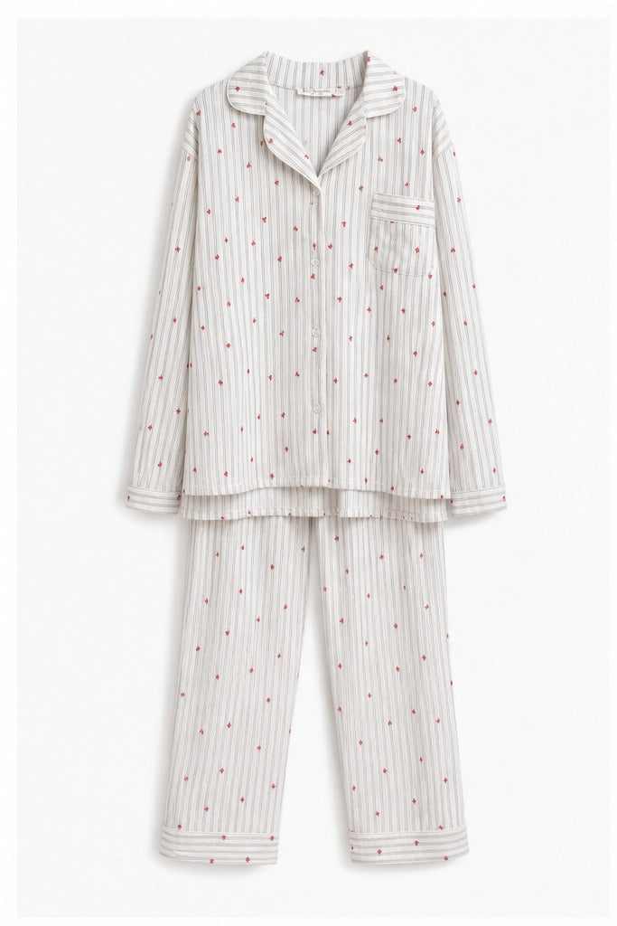 HS LC Pyjamaset Bloemetjes - Meerdere Kleuren - Creme met Rode Bloemetjes M
