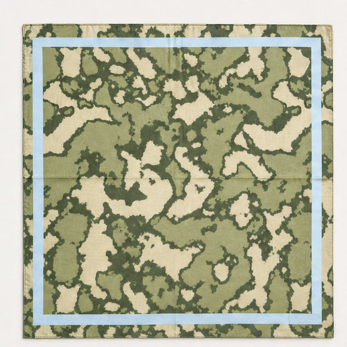 HS Zijde Look Sjaal 70x70 - Olijfgroen Marmer Lichtblauwe Rand - vooraanzicht