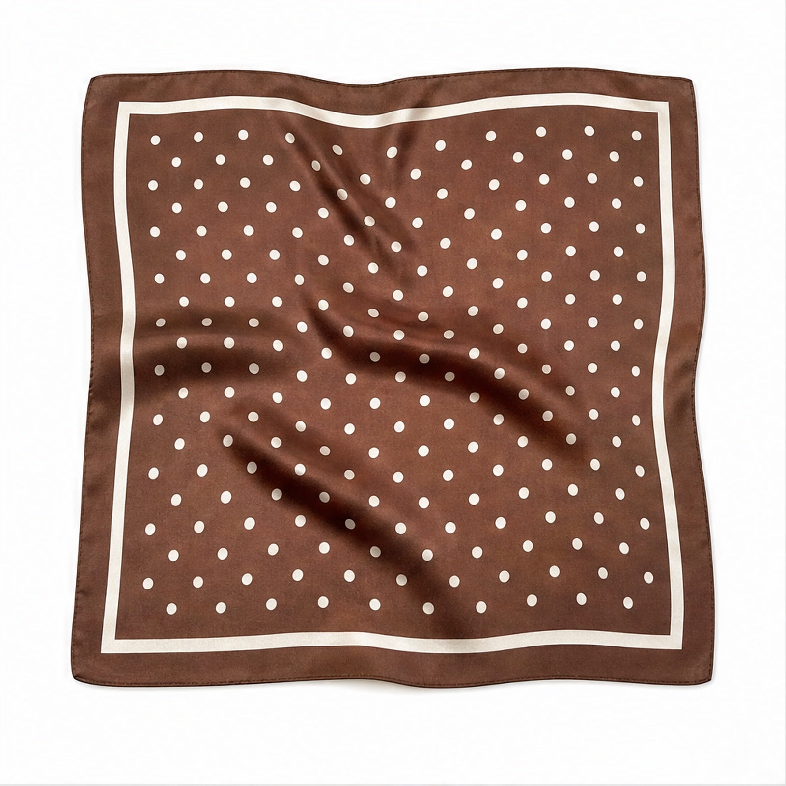 HS 70x70 Satijnen Look Sjaal Stippenprint - Meerdere Kleuren - Bruin Witte Stippen - vooraanzicht