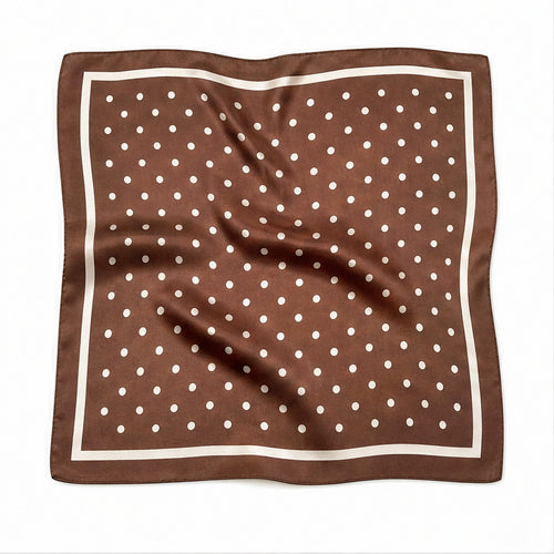 HS 70x70 Satijnen Look Sjaal Stippenprint - Meerdere Kleuren - Bruin Witte Stippen - vooraanzicht