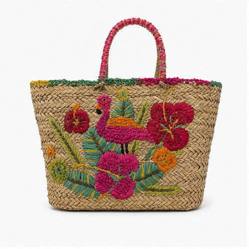 HS Grote Mand Handtas - Naturel met Flamingo Bloemenprint - vooraanzicht