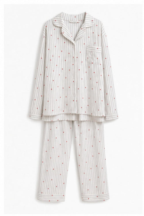 HS LC Pyjamaset Bloemetjes - Meerdere Kleuren - Creme met Rode Bloemetjes L