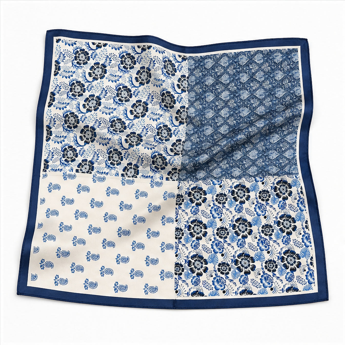 HS 70x70 Satijnen Look Sjaal Bloemenprint - Meerdere Prints - Blauw Patchwork Bloemen - vooraanzicht