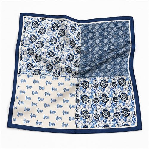 HS 70x70 Satijnen Look Sjaal Bloemenprint - Meerdere Prints - Blauw Patchwork Bloemen - vooraanzicht