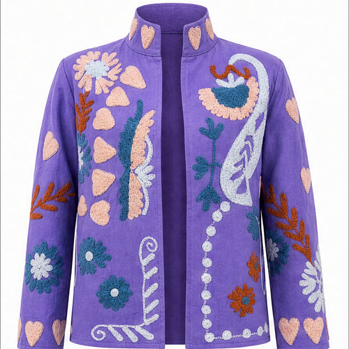 HS Luchtige Katoenen Damesjas Paisley Bloemenprint - Lila Bloemenprint - vooraanzicht