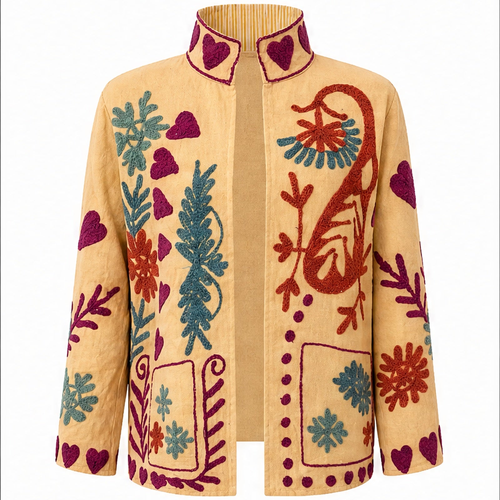 HS Luchtige Katoenen Damesjas Folklore Print - Creme Kleurrijke Bloemenprint - vooraanzicht