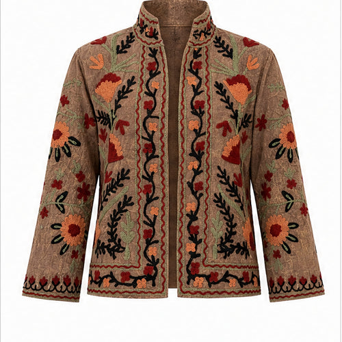 HS Luchtige Katoenen Damesjas Border Print - Taupe Bloemenprint - vooraanzicht