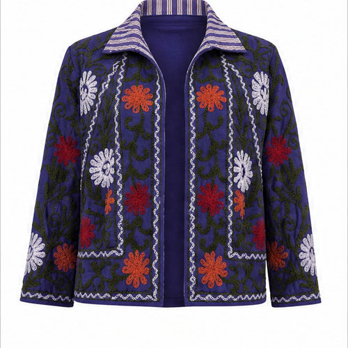 HS Luchtige Katoenen Damesjas Donkerblauw Bloemenprint - One Size - vooraanzicht