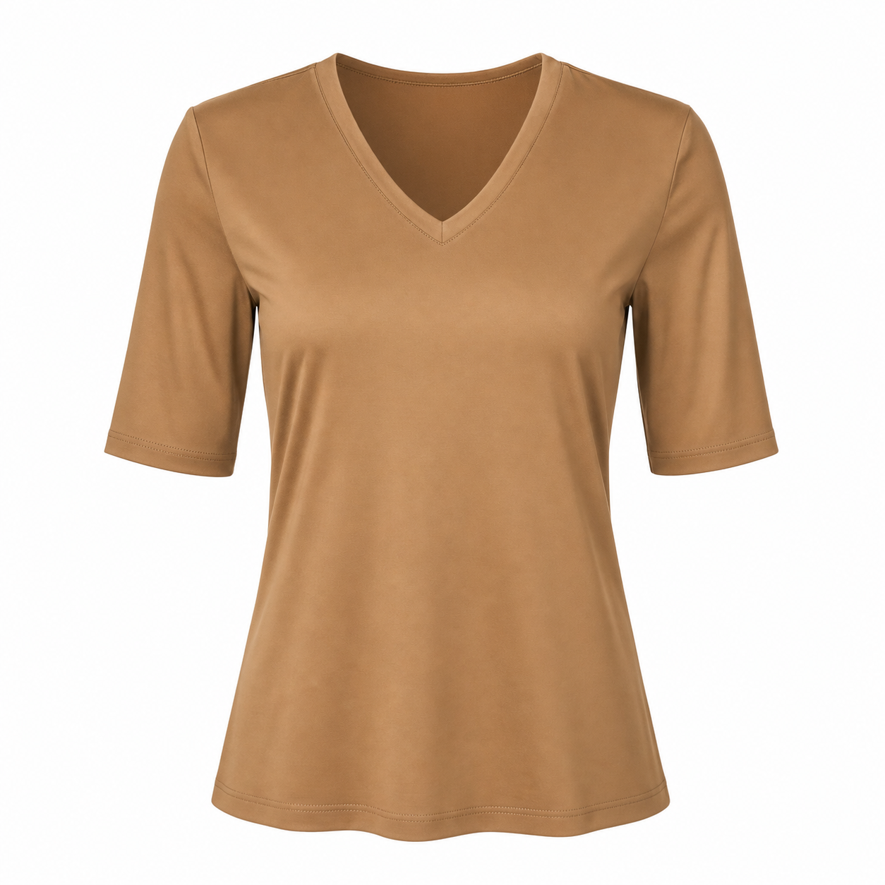 Stella Fiora Top - Camel V-Hals - Vooraanzicht ghost mannequin