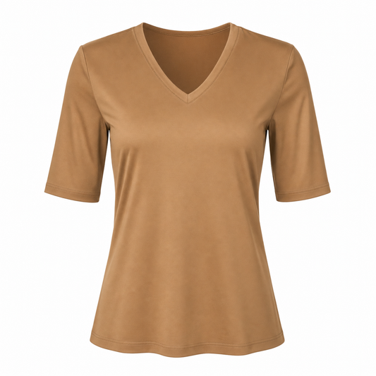Stella Fiora Top - Camel V-Hals - Vooraanzicht ghost mannequin