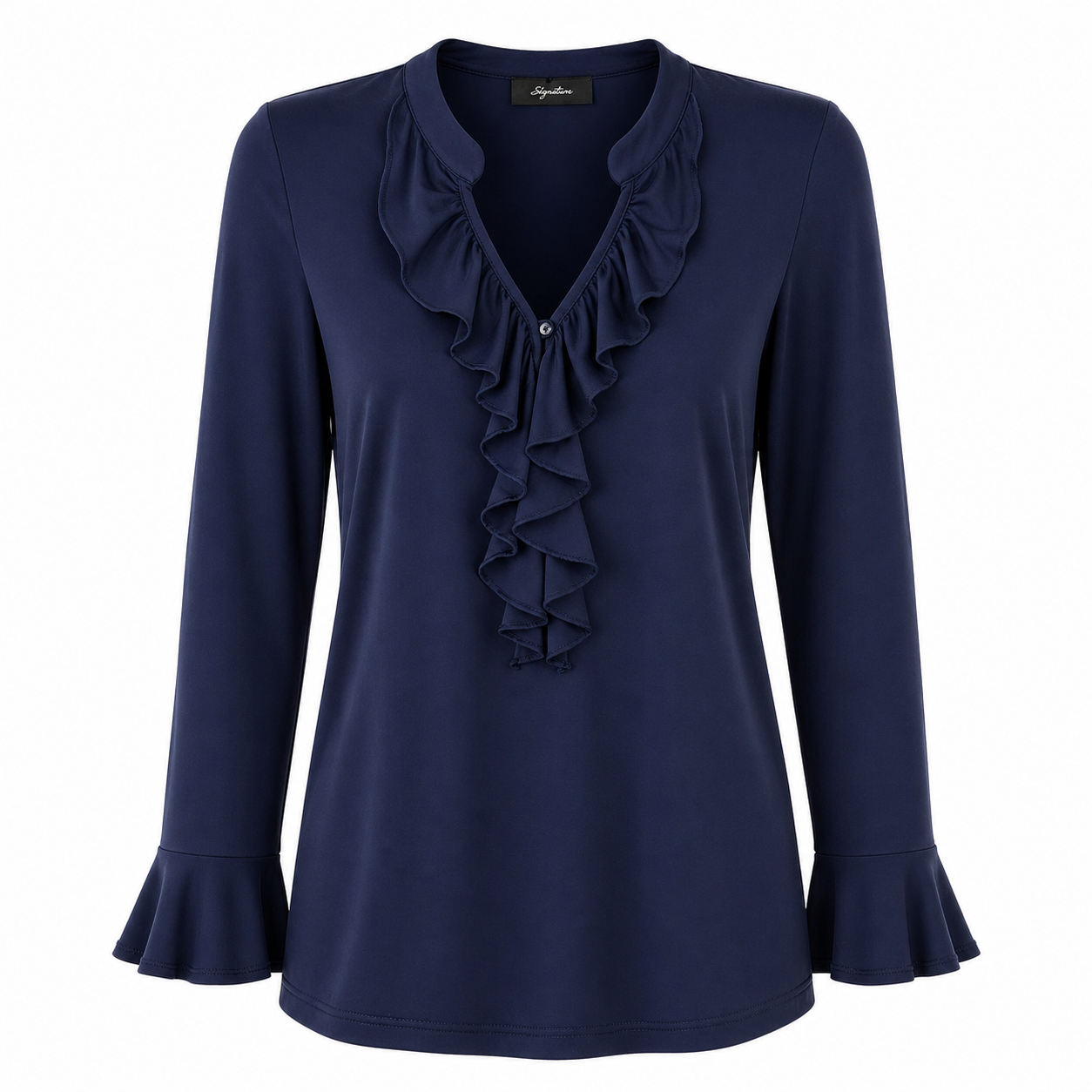 Signature top navy ruffle - Vooraanzicht ghost mannequin