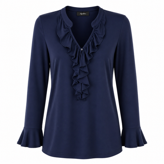 Signature top navy ruffle - Vooraanzicht ghost mannequin