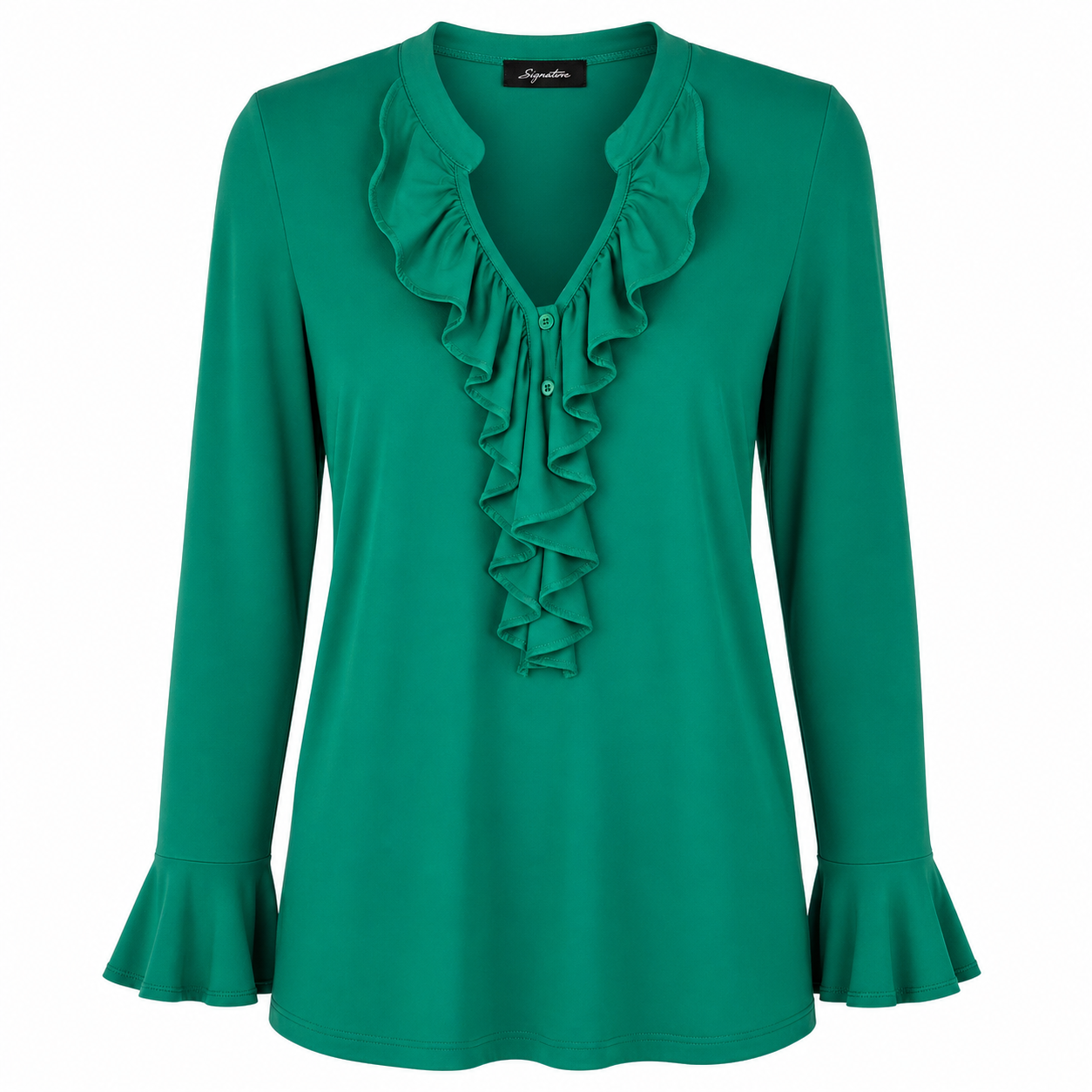 Signature top green ruffle - Vooraanzicht ghost mannequin
