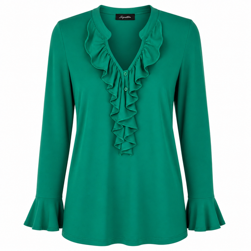 Signature top green ruffle - Vooraanzicht ghost mannequin
