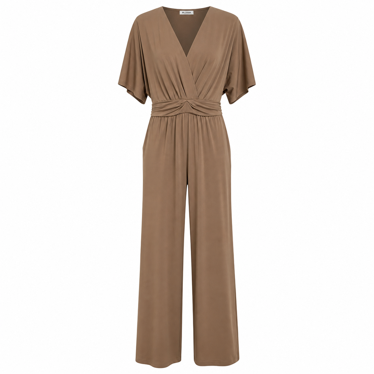 By Swan Jumpsuit - Camel V-Neck - Vooraanzicht ghost mannequin