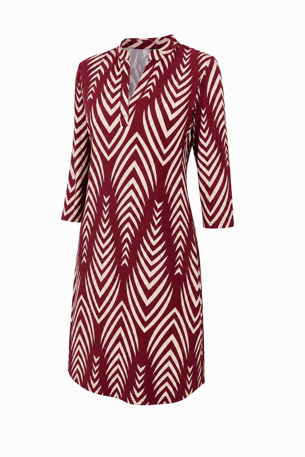 Angelle Milan Travelstof Jurk - Bordeaux Creme Chevronprint - Driekwart Mouw