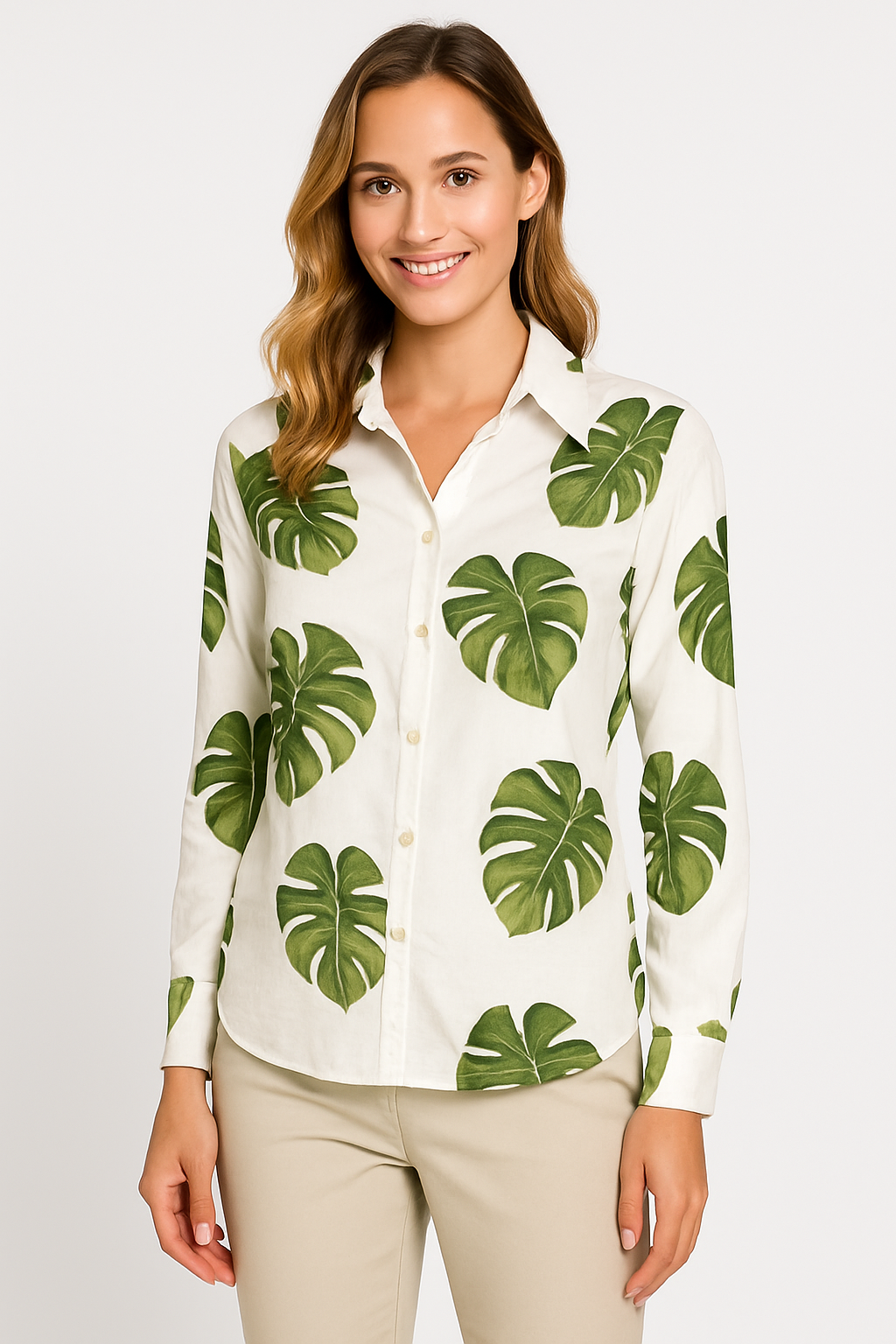 🌿 SOPHYLINE Blouse met Monstera Print – 100% Ademend Katoen – Tropical Chic – Maten S t/m XL