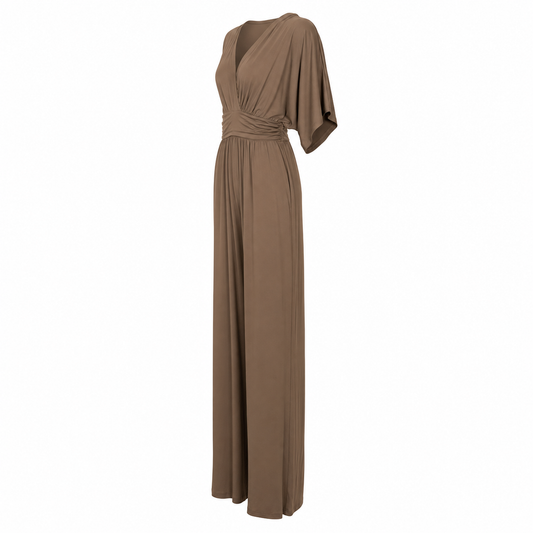 By Swan Jumpsuit - Camel V-Neck - Zijaanzicht ghost mannequin
