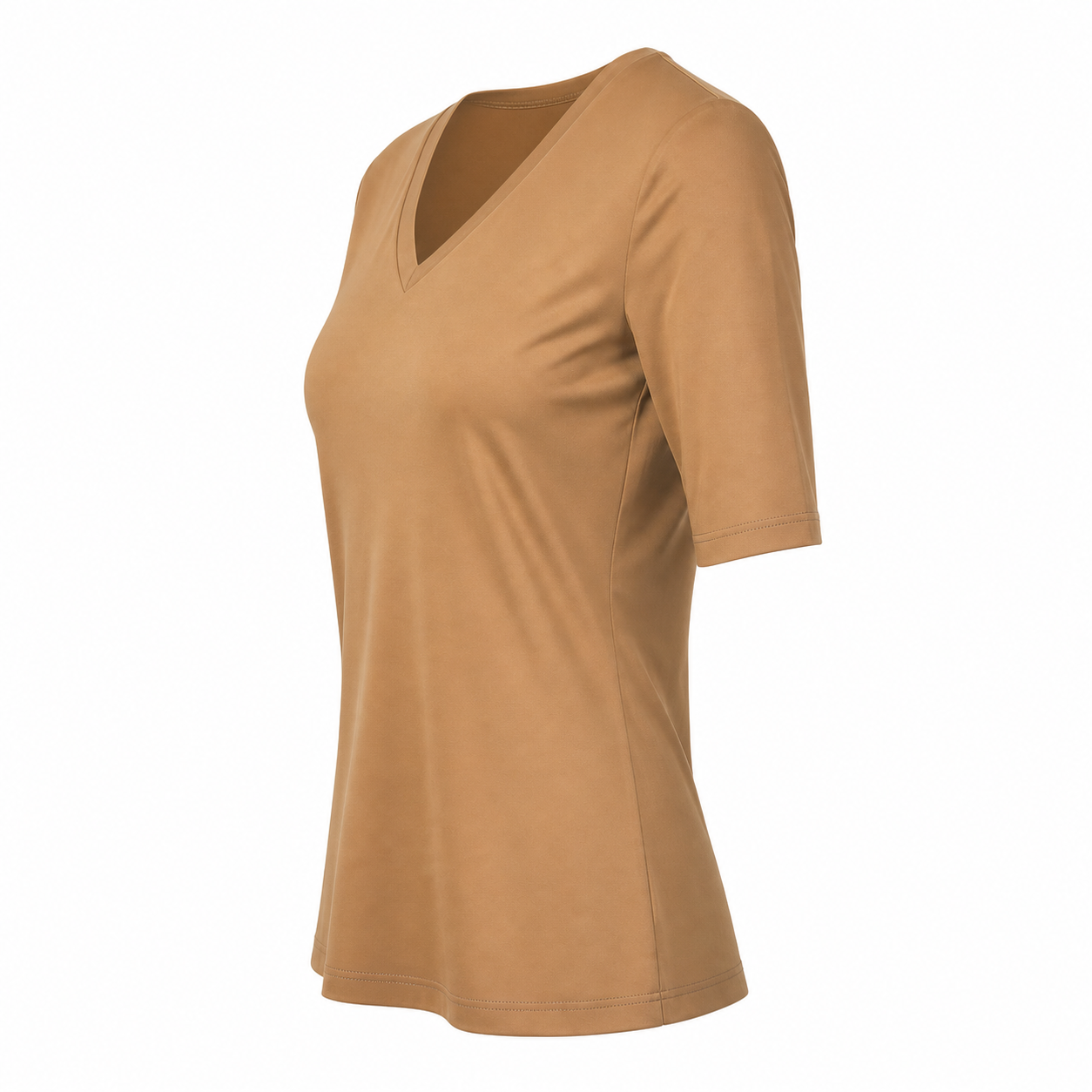 Stella Fiora Top - Camel V-Hals - Zijaanzicht ghost mannequin