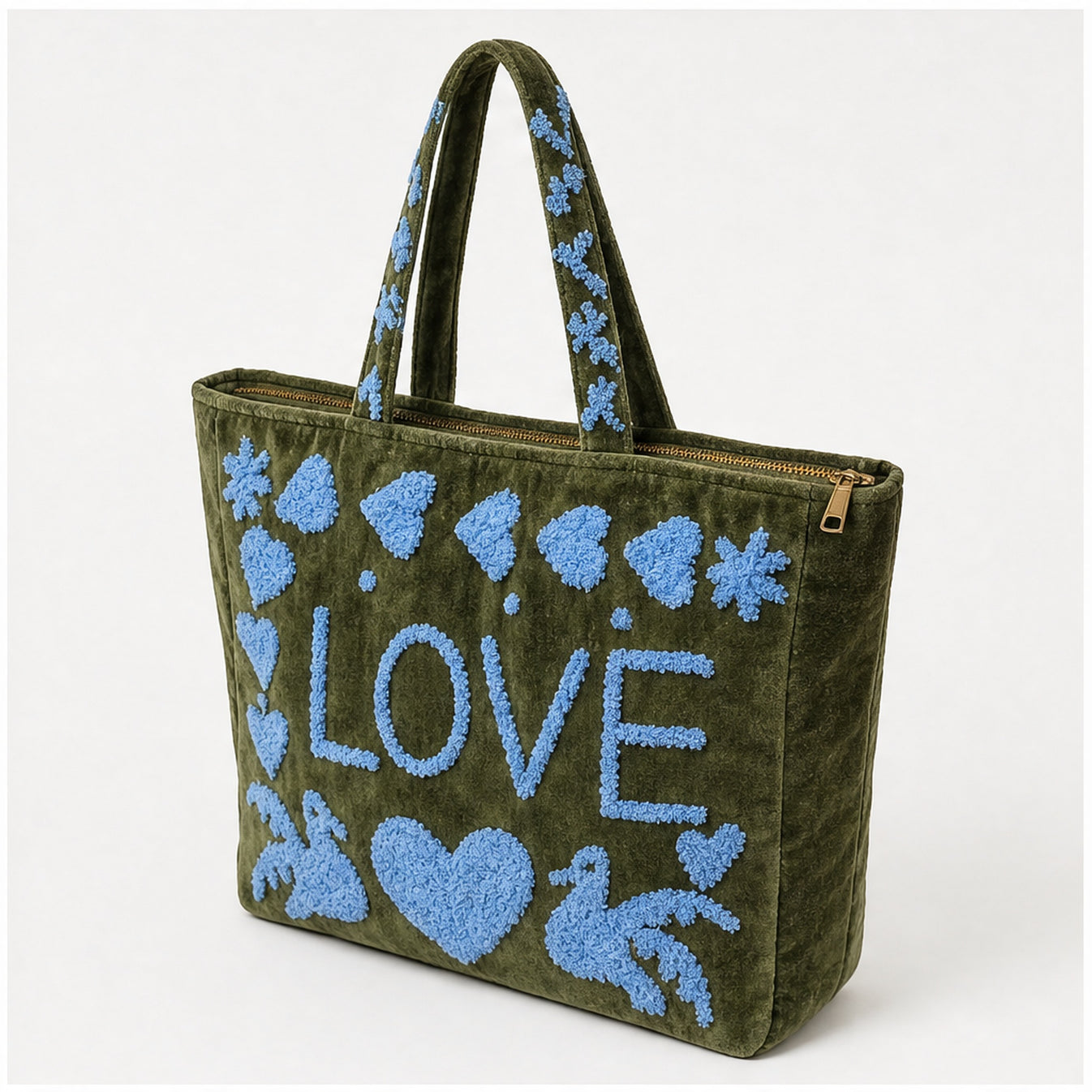 HS Velvet Tas Love Peace Olijfgroen - zijaanzicht met ritssluiting