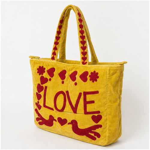 HS Velvet Tas Love Peace Geel - zijaanzicht met ritssluiting