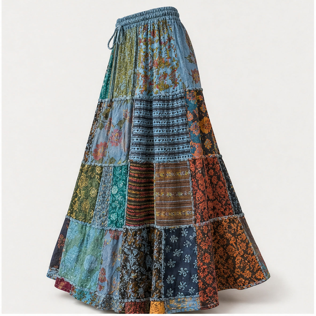 HS Rok Patchwork - Handmade in India - Blauw/Groen Patchwork - zijaanzicht