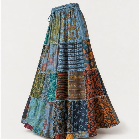 HS Rok Patchwork - Handmade in India - Blauw/Groen Patchwork - zijaanzicht