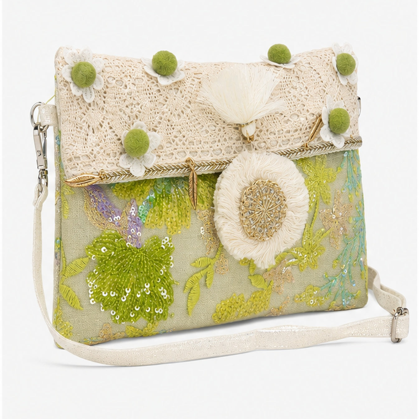 HS crossbody tas Lime Bloemen Borduursel - zijaanzicht