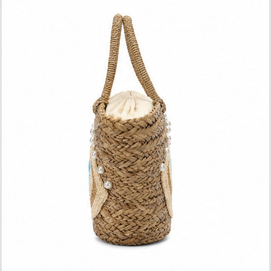 HS Ibiza Strandtas - Naturel Oog Turquoise Parel - zijaanzicht