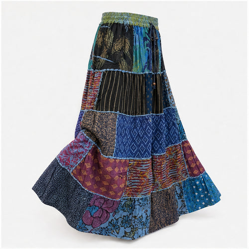 HS Rok Patchwork - Handmade in India - Blauw/Groen Multicolor Patchwork - zijaanzicht