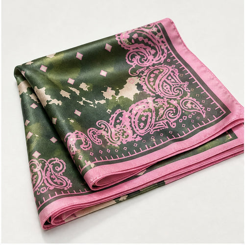 HS Zijde Look Sjaal 70x70 - Legergroen Paisley Roze Rand - zijaanzicht