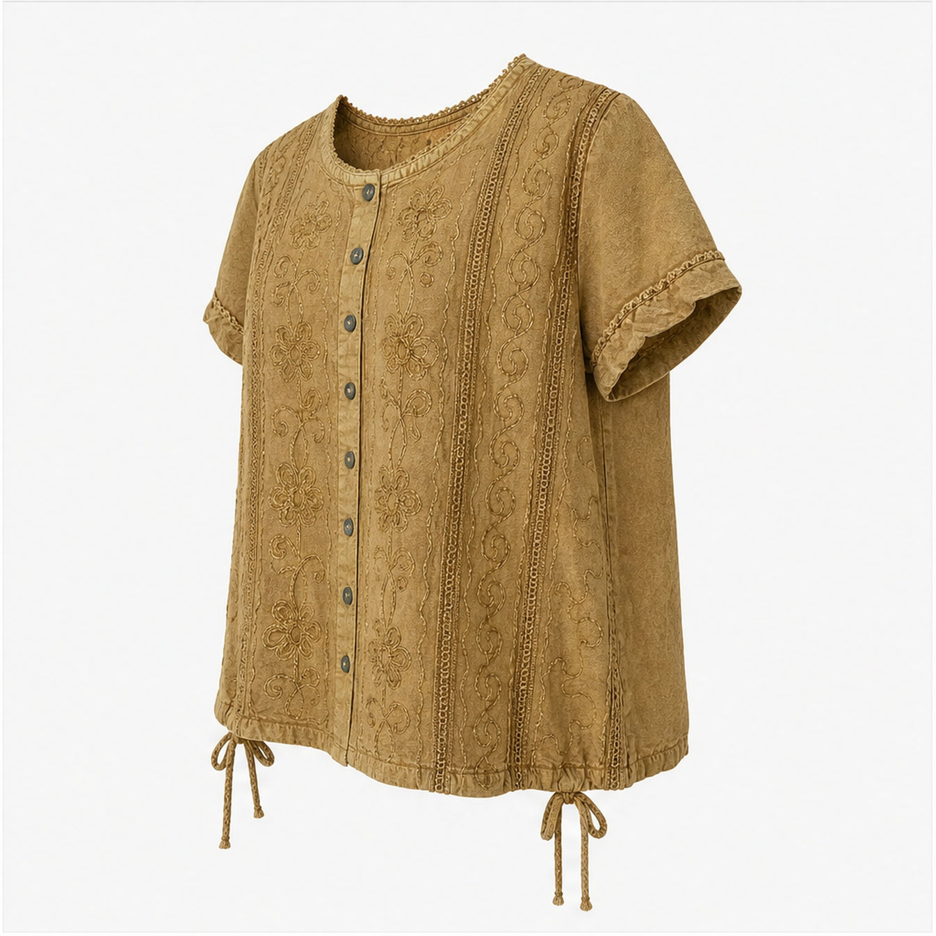 HS Topje Boho met Knoopjes en Borduur - Meerdere Kleuren - Oker - zijaanzicht