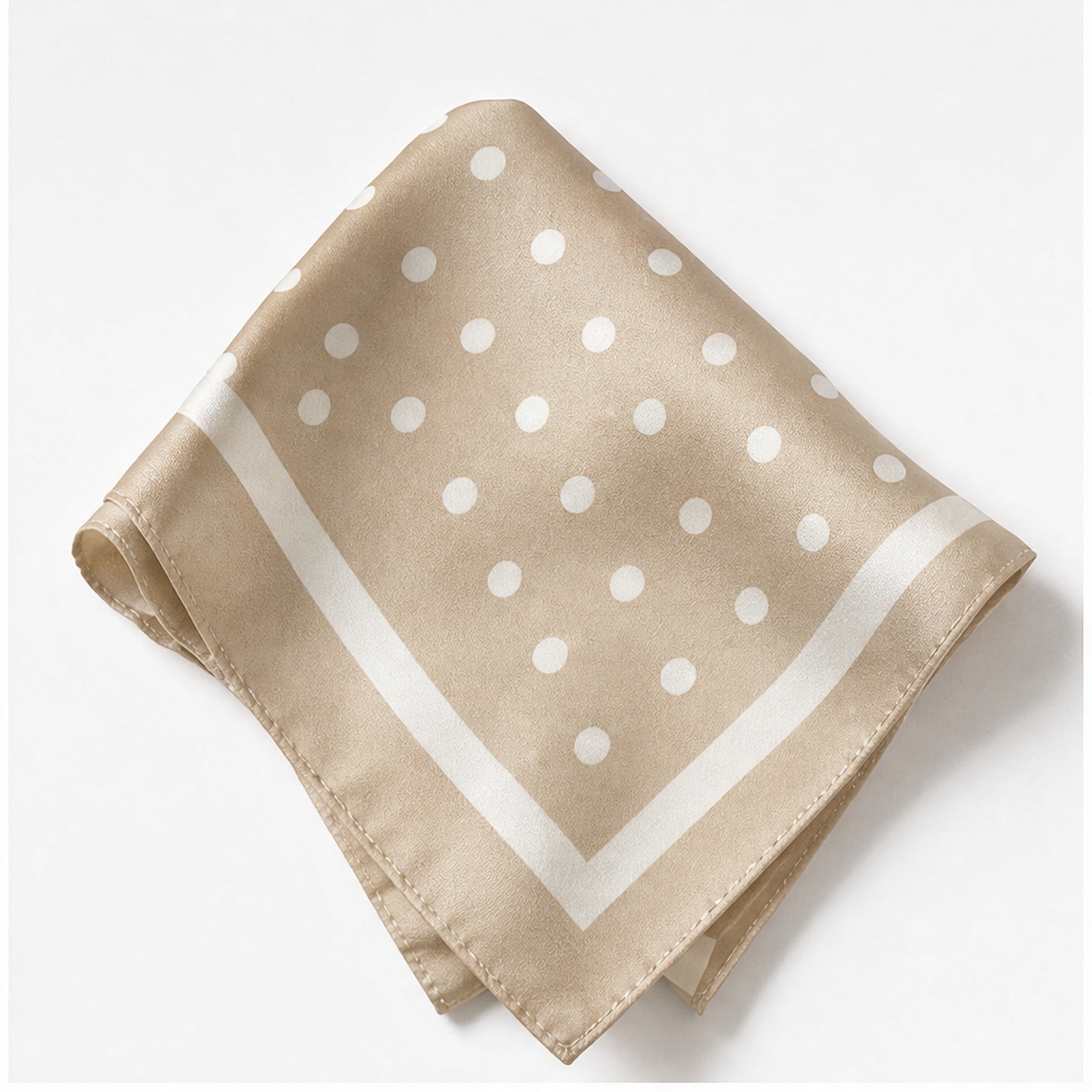 HS 70x70 Satijnen Look Sjaal Stippenprint - Meerdere Kleuren - Beige Witte Stippen - zijaanzicht
