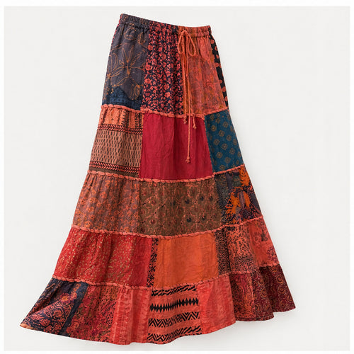 HS Rok Patchwork - Handmade in India - Rood/Roze Patchwork - zijaanzicht