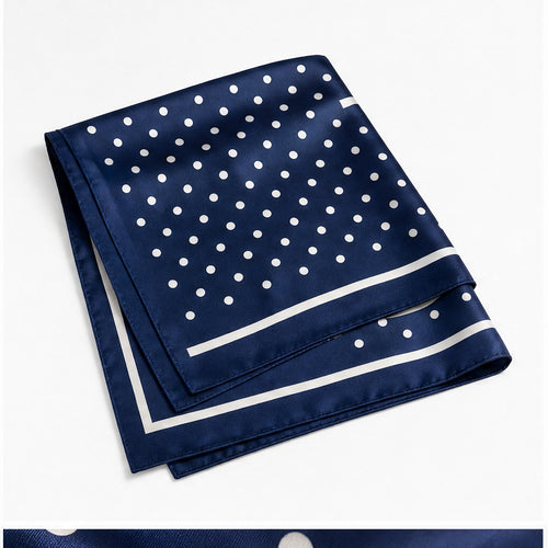 HS 70x70 Satijnen Look Sjaal Stippenprint - Meerdere Kleuren - Navy Witte Stippen - zijaanzicht