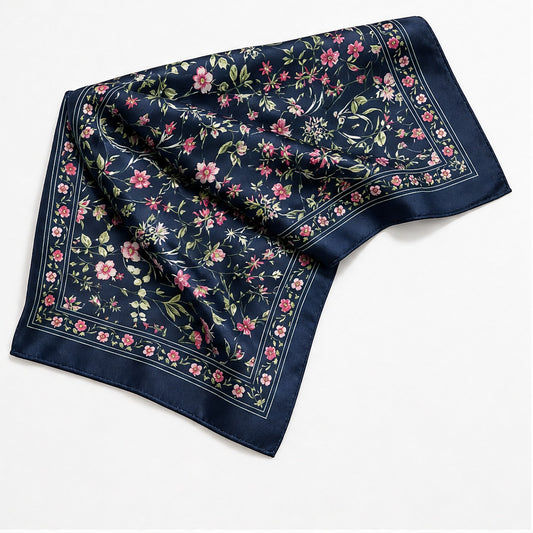 HS 70x70 Satijnen Look Sjaal Bloemenprint - Meerdere Prints - Navy Bloemenprint - zijaanzicht