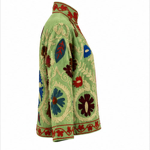 HS Luchtige Katoenen Damesjas Folklore Print - Lichtgroen Folklore Print - linker zijaanzicht