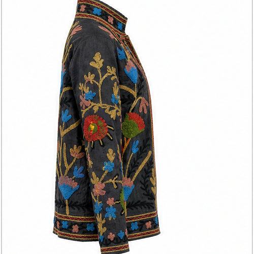 HS Luchtige Katoenen Damesjas Border Print - Zwart Folklore Print - linker zijaanzicht