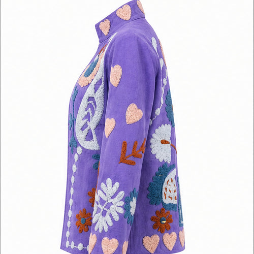 HS Luchtige Katoenen Damesjas Paisley Bloemenprint - Lila Bloemenprint - linker zijaanzicht