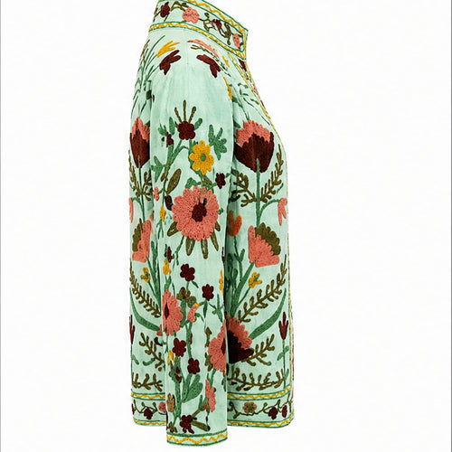 HS Luchtige Katoenen Damesjas Mintgroen Bloemenprint - One Size - linker zijaanzicht